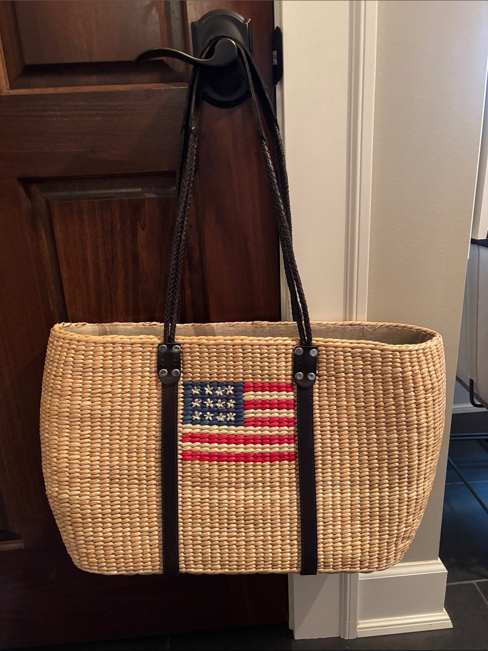 Woven Straw Tote Bag with American Flag Accent - Natural